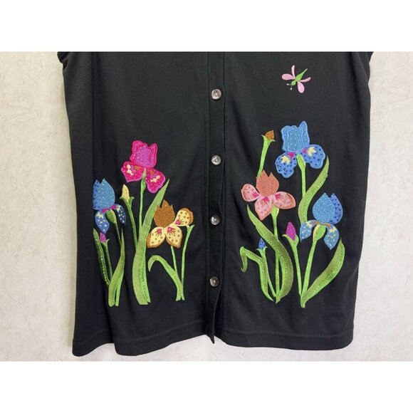 TE QUACKER FACTORY Women's Black Floral Embroidered Vest Grandma Core LARGE - Picture 4 of 7